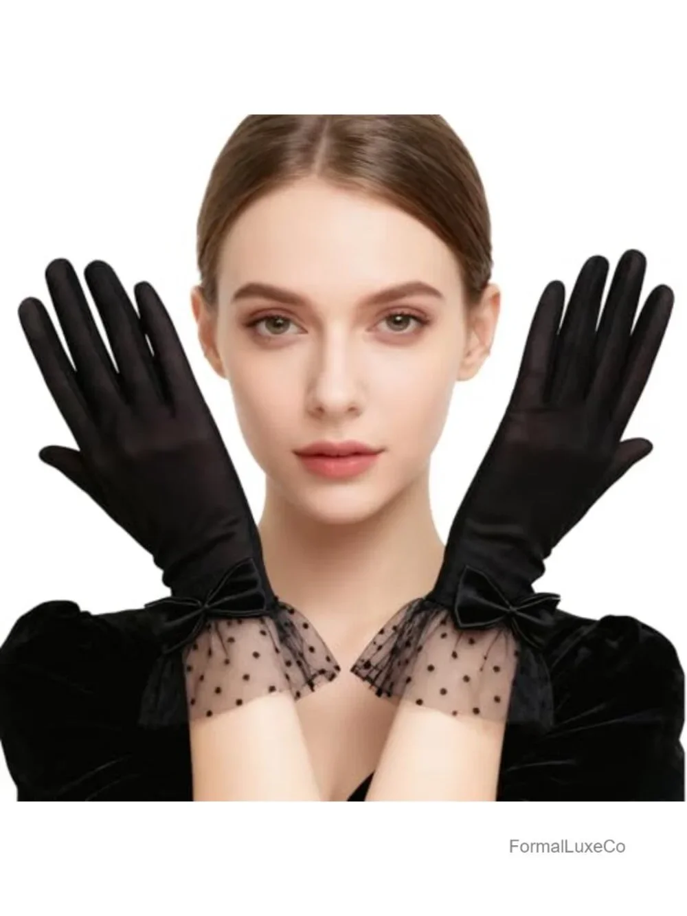 Sheer Lace Gloves with Bow Short Mittens Wedding Tea Party Accessories